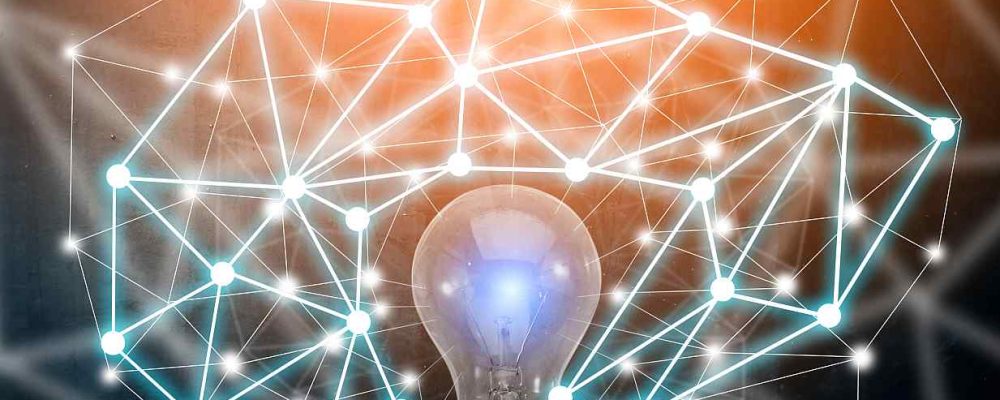 creativity ideas concept with ligh bulb with connecting line on chalkboard