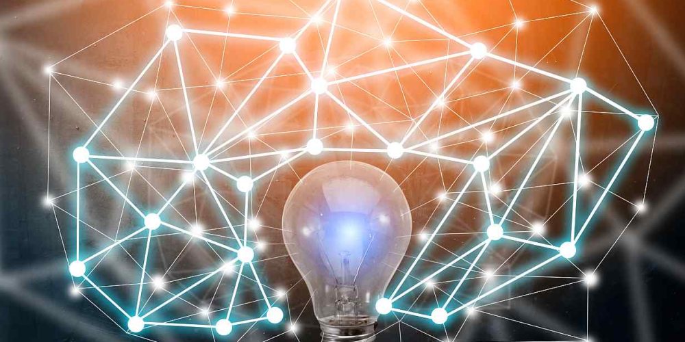 creativity ideas concept with ligh bulb with connecting line on chalkboard