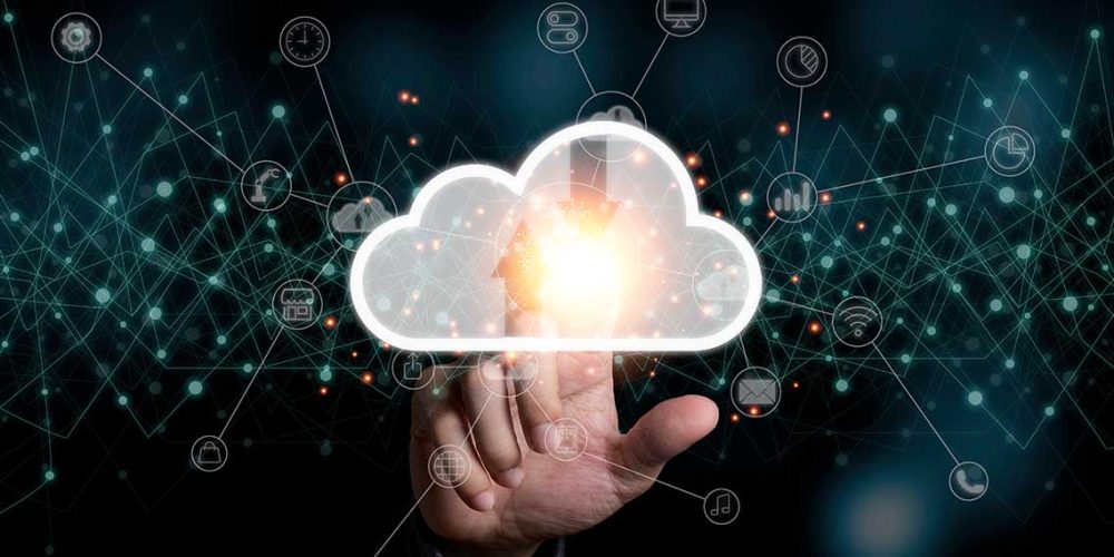 Hand touching to virtual artificial intelligence with cloud technology transformation and internet of thing .  Cloud technology management big data include business strategy , customer service.
