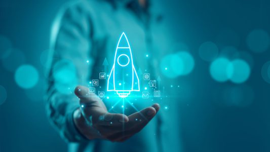 entrepreneurship launch rocket start flying up and network line connection, the Startup concept plan development business project digital technology idea of leadership, strategy Startup growth