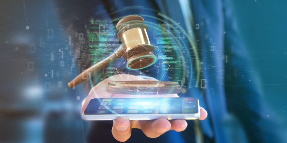 View of a Businessman holding a Justice hammer and data - 3d rendering