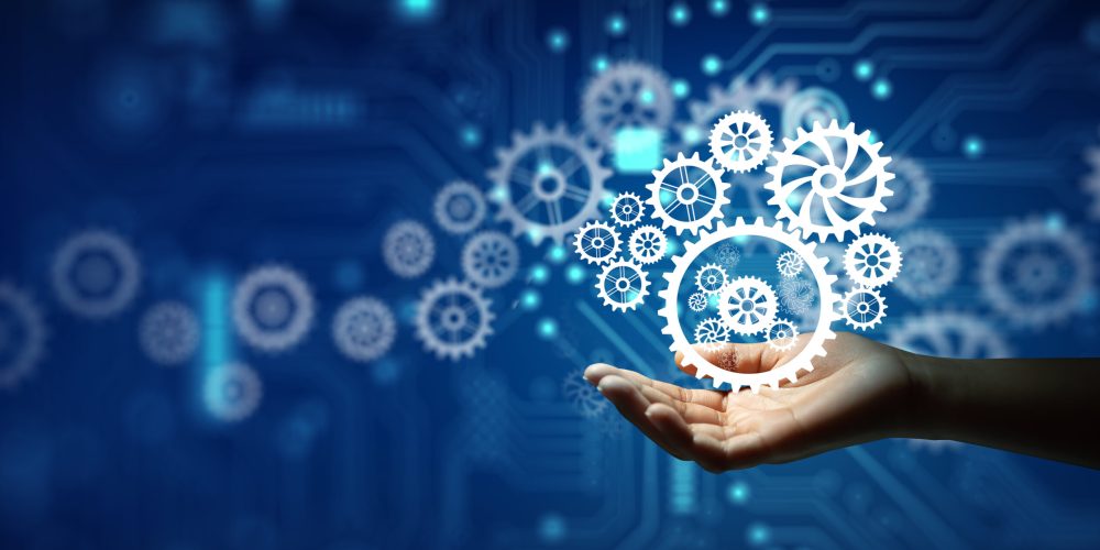 Hand holding cogwheels. Wireframe light connection and Circuit converging point background. Business idea, Teamwork, Planing Strategy, Cooperation, and Analysis solution development Concept.